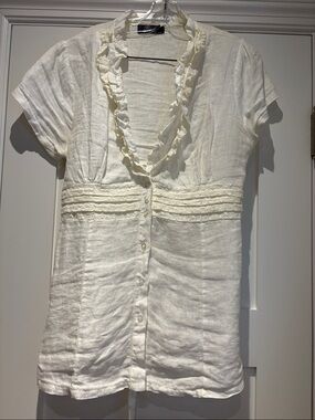 Women's 100% Italian Linen Ivory Ruffle-Trim Shirt 🇮🇹